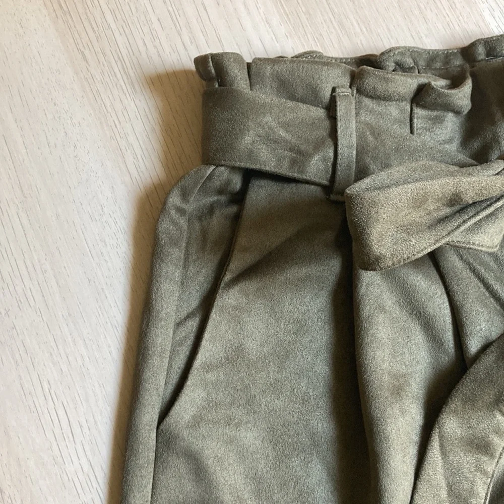 She & Sky Dressy Paper Bag Shorts, green suede, size small